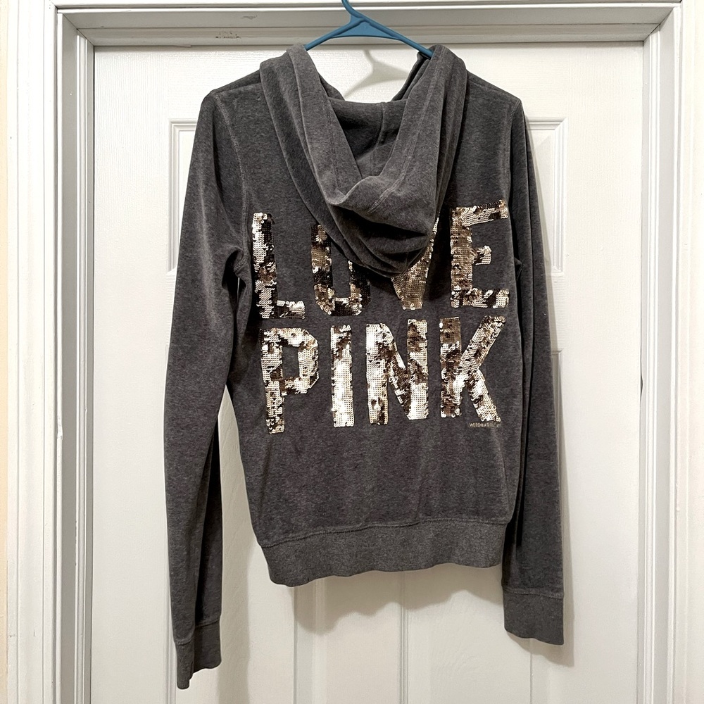 Medium Gray velvet Love Pink sequined back zip up hoodie